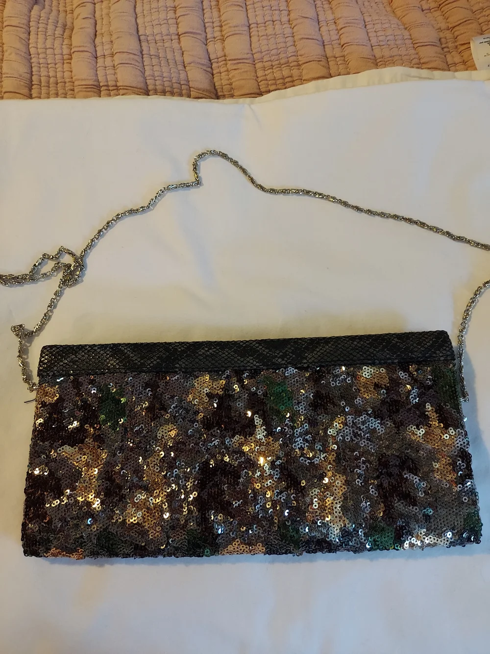 Big Buddha Boa Sequined Camouflage Metallic Chain Clutch Crossbody Bag